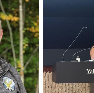 USHBA board member Tom Rossmassler, founder of HempStone, LLC, in a headshot beside a photo of him lecturing on hemp-lime construction at Yale University.
