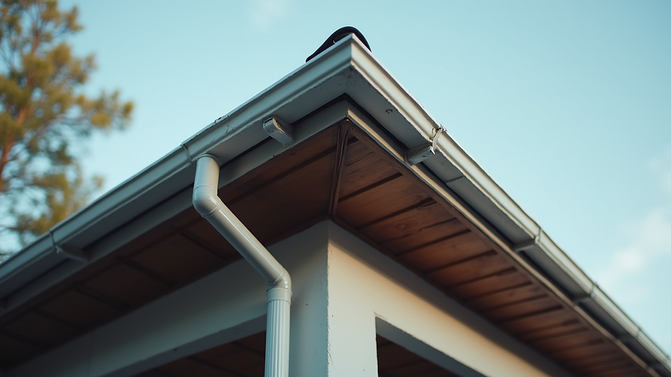 Eye-level view of commercial building exterior showing roof and gutters