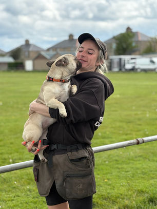 dog trainer holding french bull dog