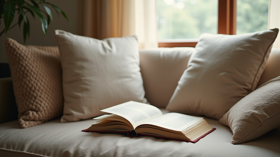 Eye-level view of a cozy reading nook with soft cushions and a stack of books
