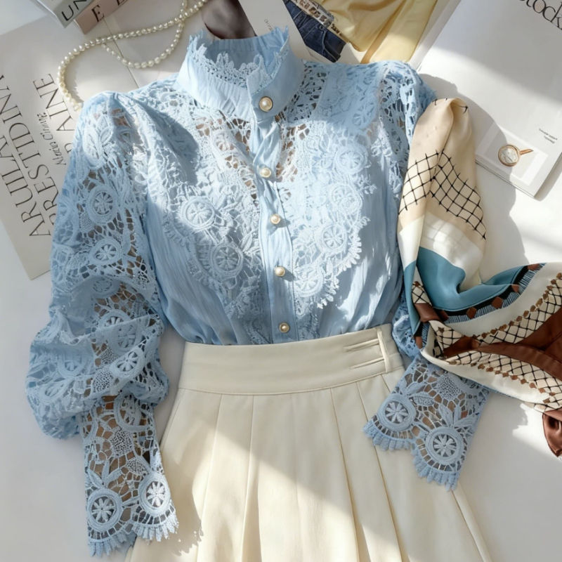 The Vintage Lace Blouse — Hollow Crochet Puff Sleeve Top