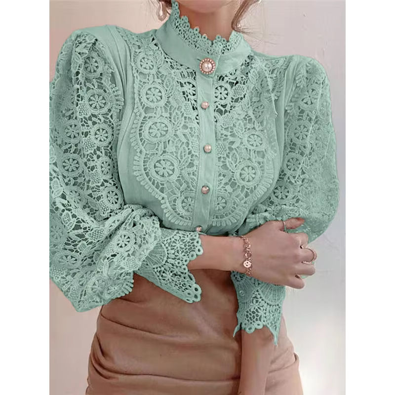Thumbnail: The Vintage Lace Blouse — Hollow Crochet Puff Sleeve Top