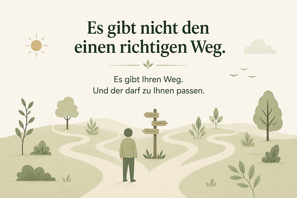 Ein Bild auf der Seite zu "Mein Ansatz": Es zeigt eine gezeichnete Person vor einer Straßenkreuzung, vier verschiedene Wege gehen von dem Hauptweg ab, davor steht ein Mast mit Wegeschildern daran, drum herum ist verschiedene Natur zu sehen. Dazu steht der Text auf dem Bild: Es gibt nicht den einen richtigen Weg. Es gibt Ihren Weg. Und der darf zu Ihnen passen.