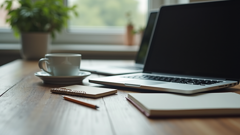 Eye-level view of a laptop on a desk with a notebook and coffee cup