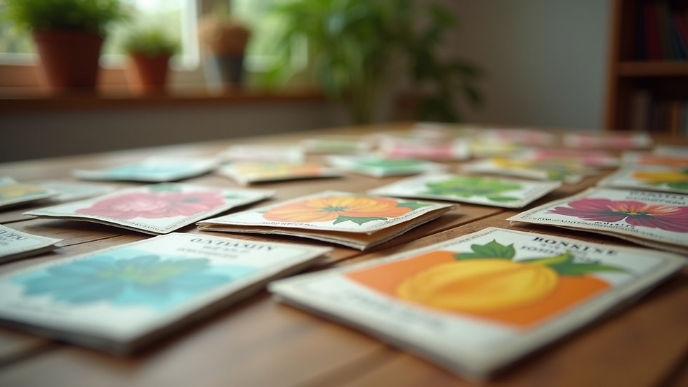 Close-up view of a variety of colorful seed packets arranged on a wooden table