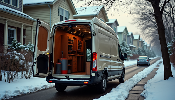 Eye-level view of a mobile locksmith van parked on a residential street in Buffalo NY