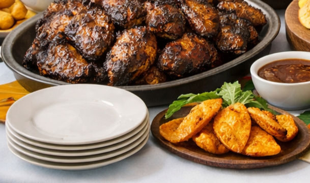 deliciously made brown stew chicken, beef patties/empanadas