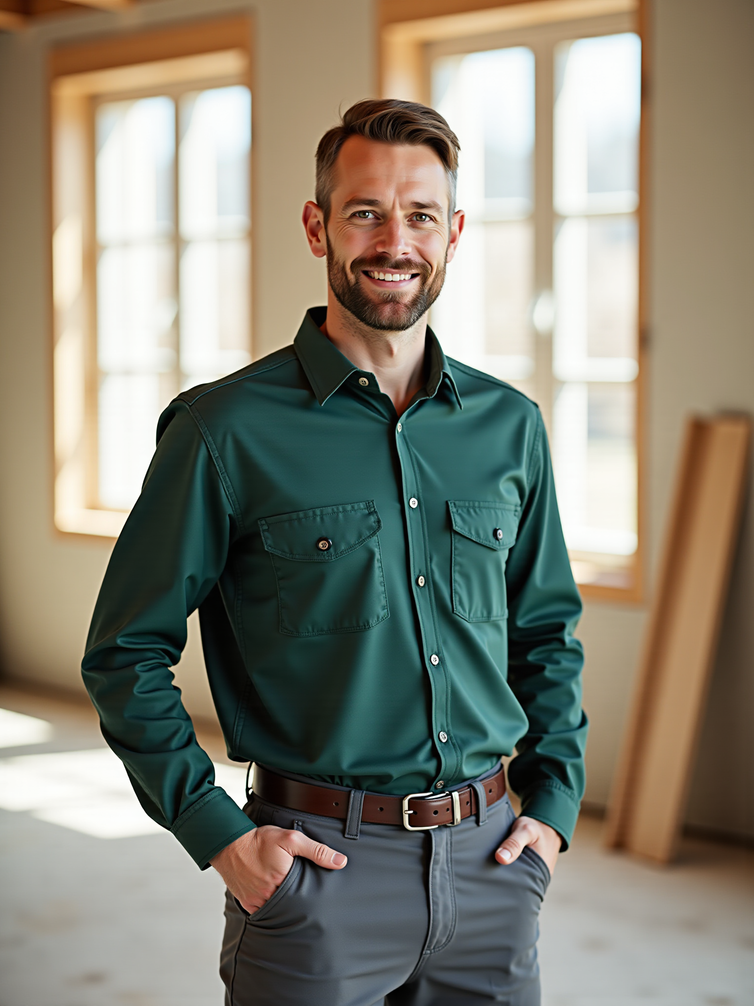 Smiling man in green work shirt