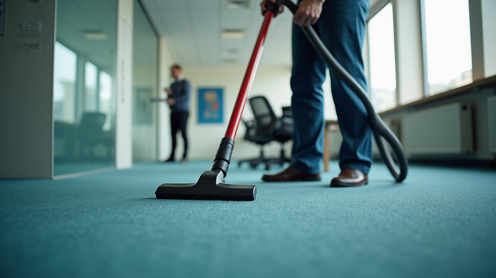 High angle view of a professional cleaner vacuuming an office carpet