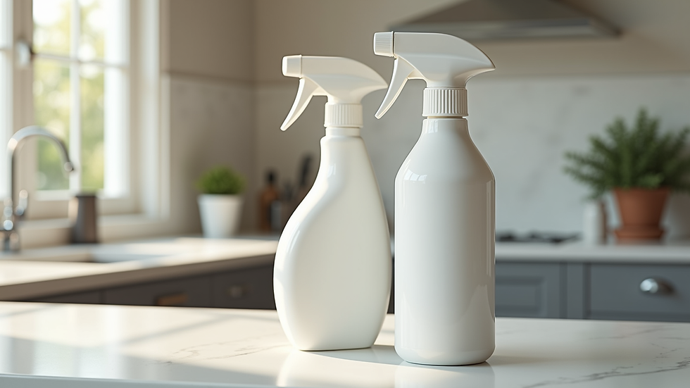 High angle view of reusable cleaning spray bottles on a kitchen counter