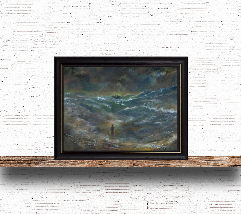Thumbnail: Painting of Jesus walking on stormy water with wind and waves. Sitting on a shelf.