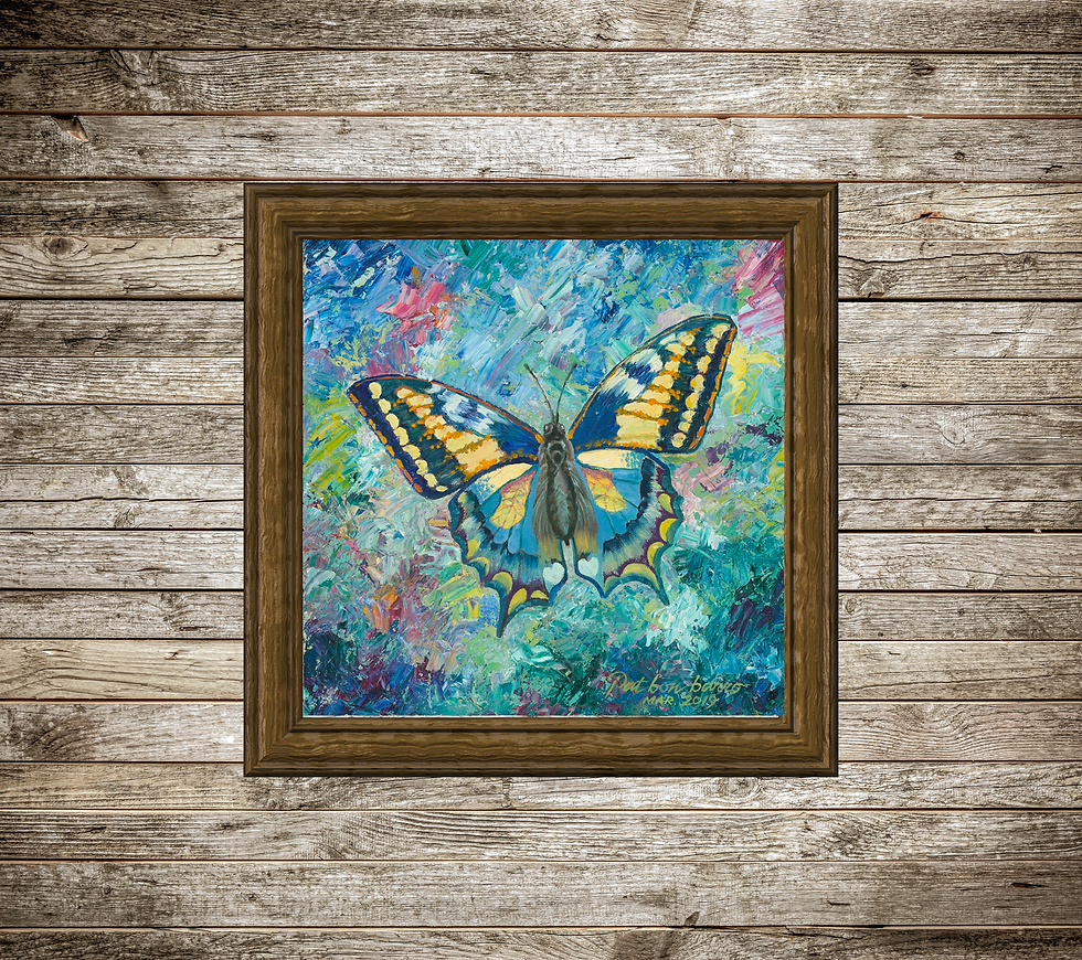 Thumbnail: Picture of a blue and yellow butterfly with a colorful background of blue, pink, green, yellow and teal hanging on a wood slat wall.