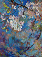 Pastel painting of pink flowers on a tree branch, against a blue sky