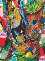 An abstract photograph with bright colors and swirling shapes showing brightly painted guitars