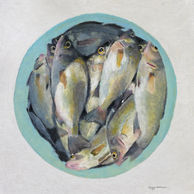 A pastel painting of perch in a turquiose bucket as seen from the top view