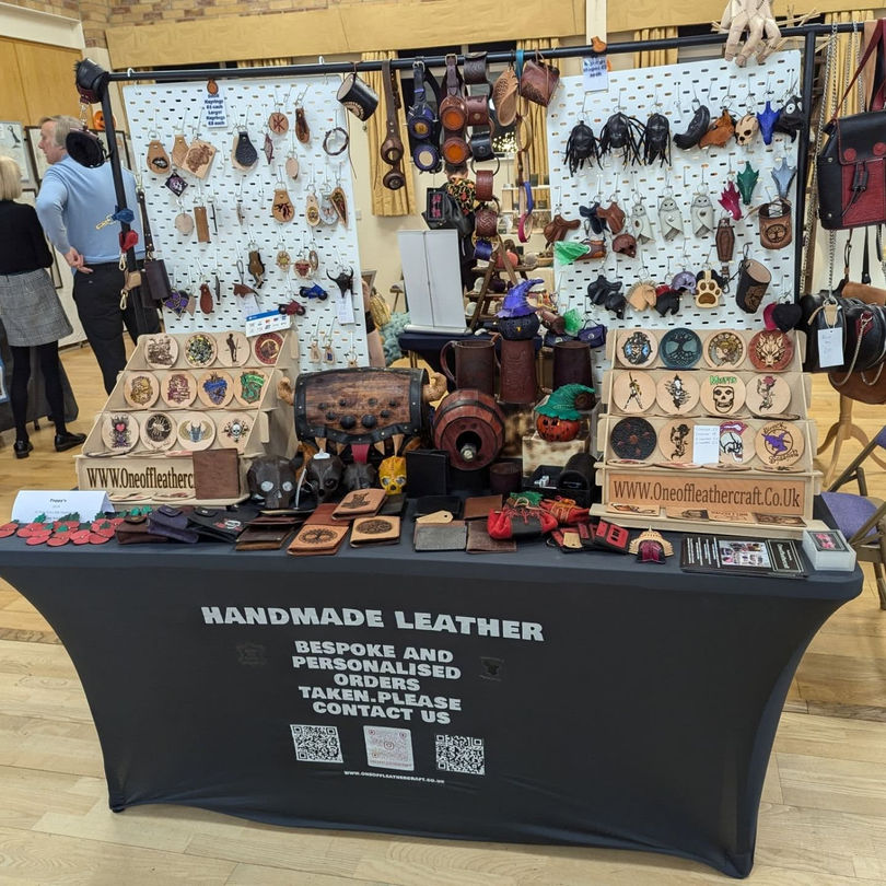Our Market stall displaying all our Handmade Leather creations