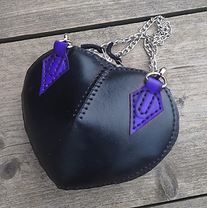 Handmade Leather Black and Purple Heart Shaped bag with chain handles and shoulder strap