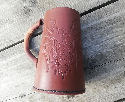 Handmade Leather Tankard with Dragon Head design sealed with beeswax