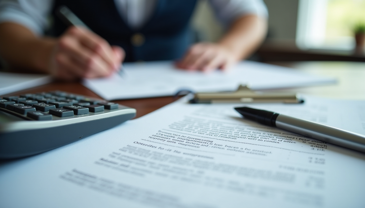 Eye-level view of a mortgage adviser’s desk with loan documents and calculator