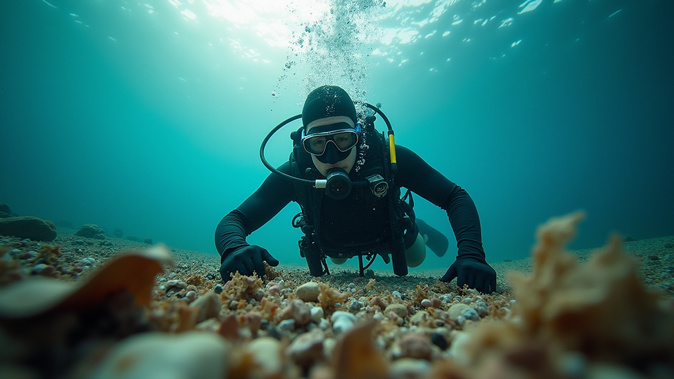 Eye-level view of a diver collecting debris underwater