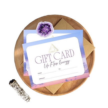 Life Flow Energy gift card sits on a wooden plate with an amethyst and sage bundle