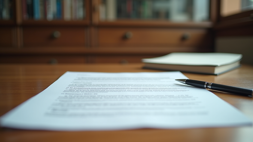 Eye-level view of a legal document on a wooden desk