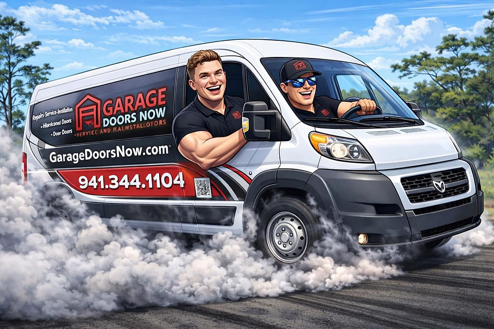 Picture of Christian and Matt in garage doors now van