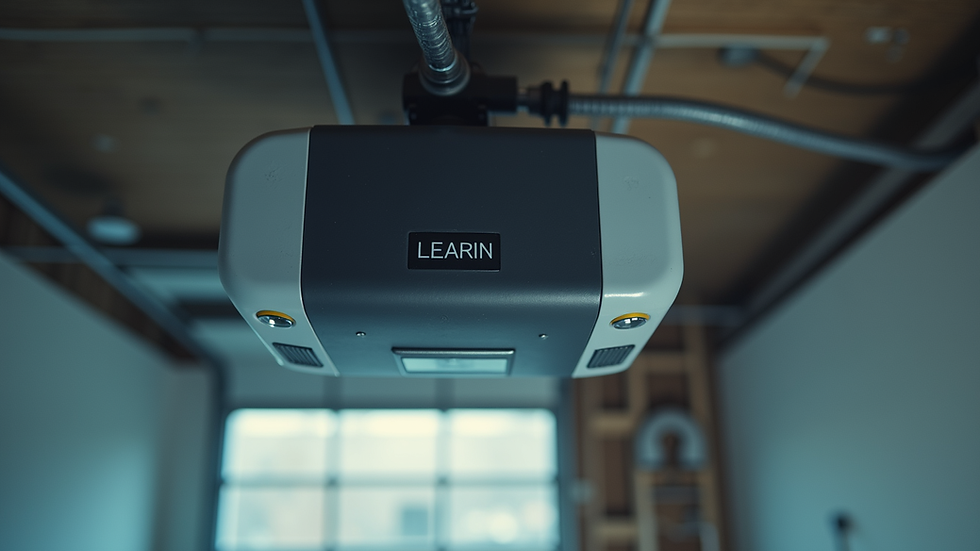 Eye-level view of a garage door opener motor unit with a visible learn button