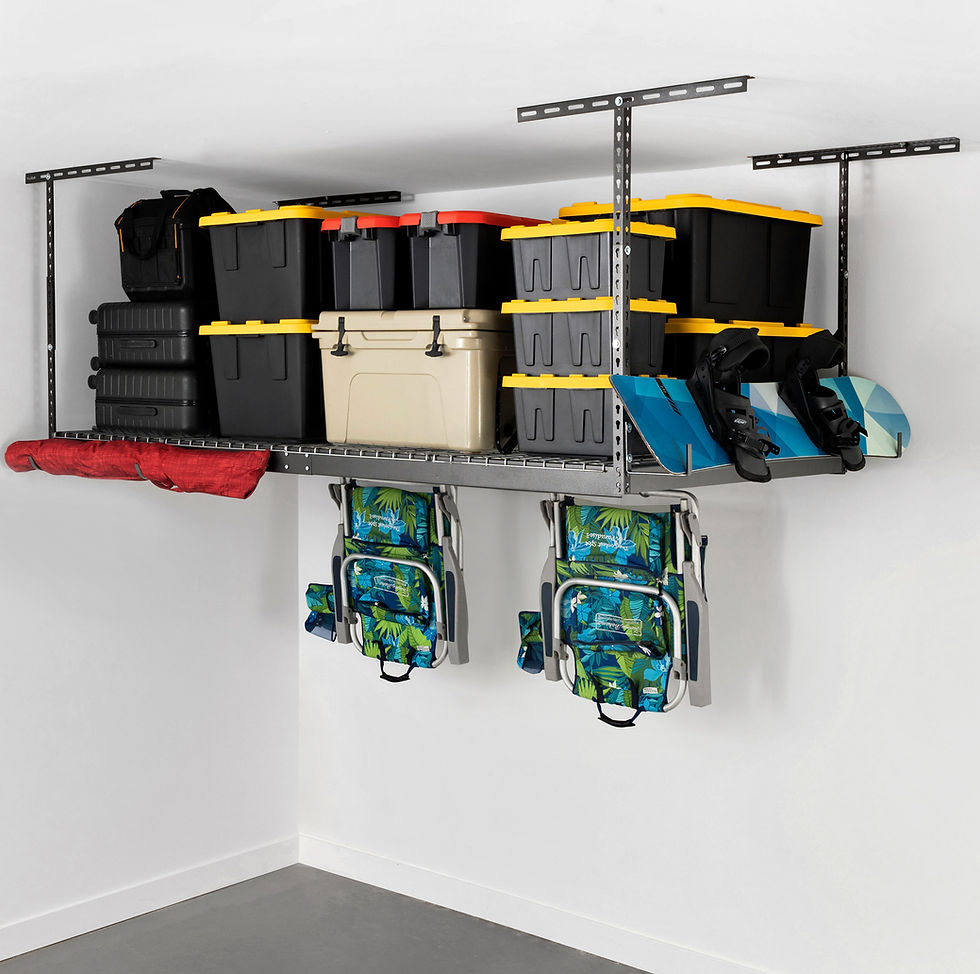 Overhead garage storage with bins, cooler, and folded chairs
