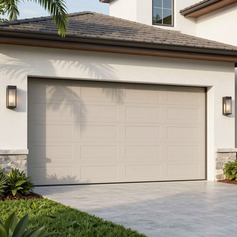 Light-colored paneled garage door on a modern home