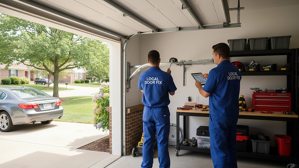 Eye-level view of a garage door track and roller system