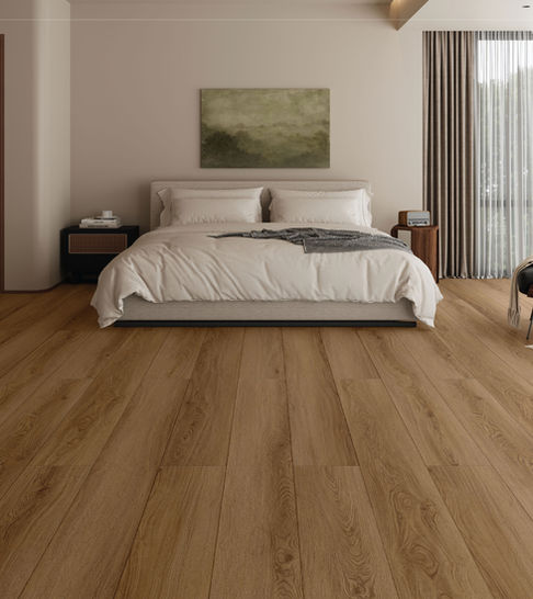 Modern bedroom featuring Northwood AQ518 AquaPro Max 15mm waterproof laminate flooring by Lago Flooring for residential remodeling, interior designers, flooring contractors, and installers.