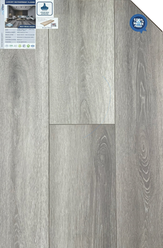 Waterproof 10mm laminate flooring in Misty Wood color with EIR embossed texture, AC4 wear rating, and painted micro-bevel edges.