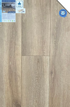 Waterproof 15mm laminate flooring in Le Mans color with EIR embossed texture, AC4 wear rating, and painted micro-bevel edges.