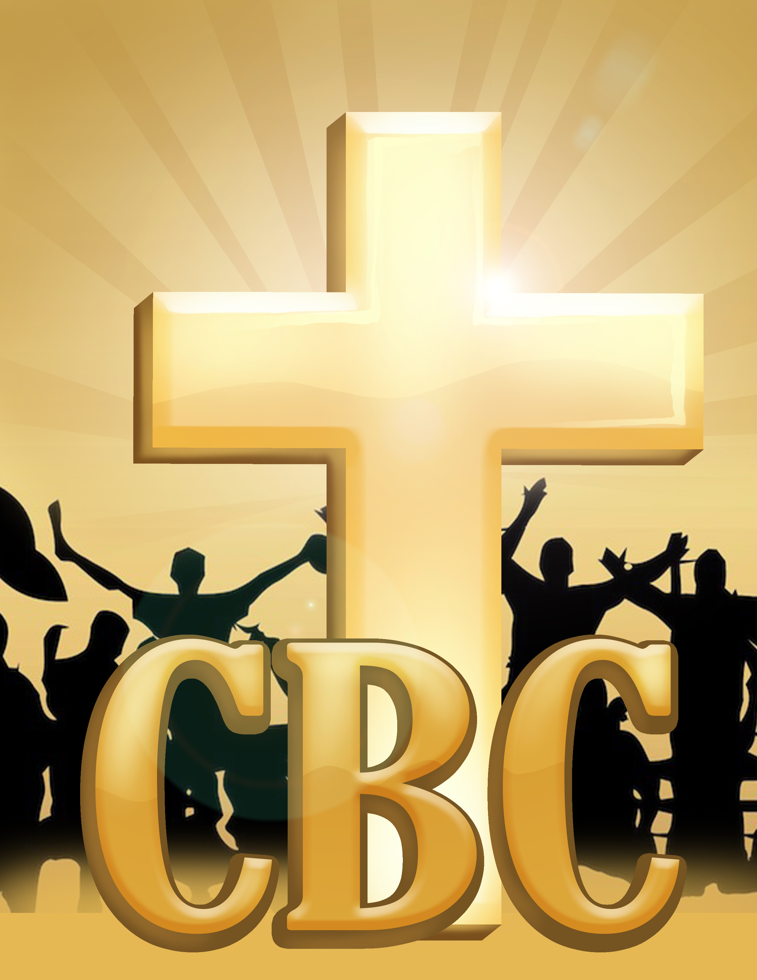 Glowing golden cross above cheering worshippers, with large CBC text on a warm yellow background
