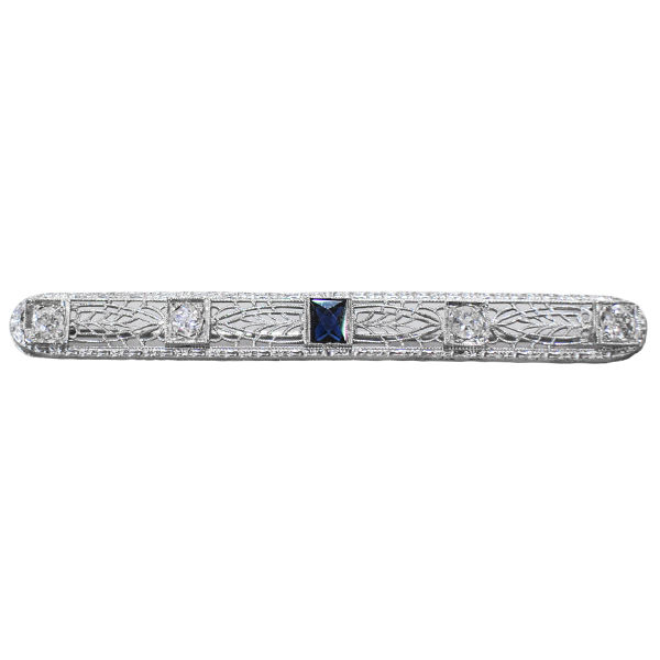 14K White Gold Sapphire & Diamond Bar Pin