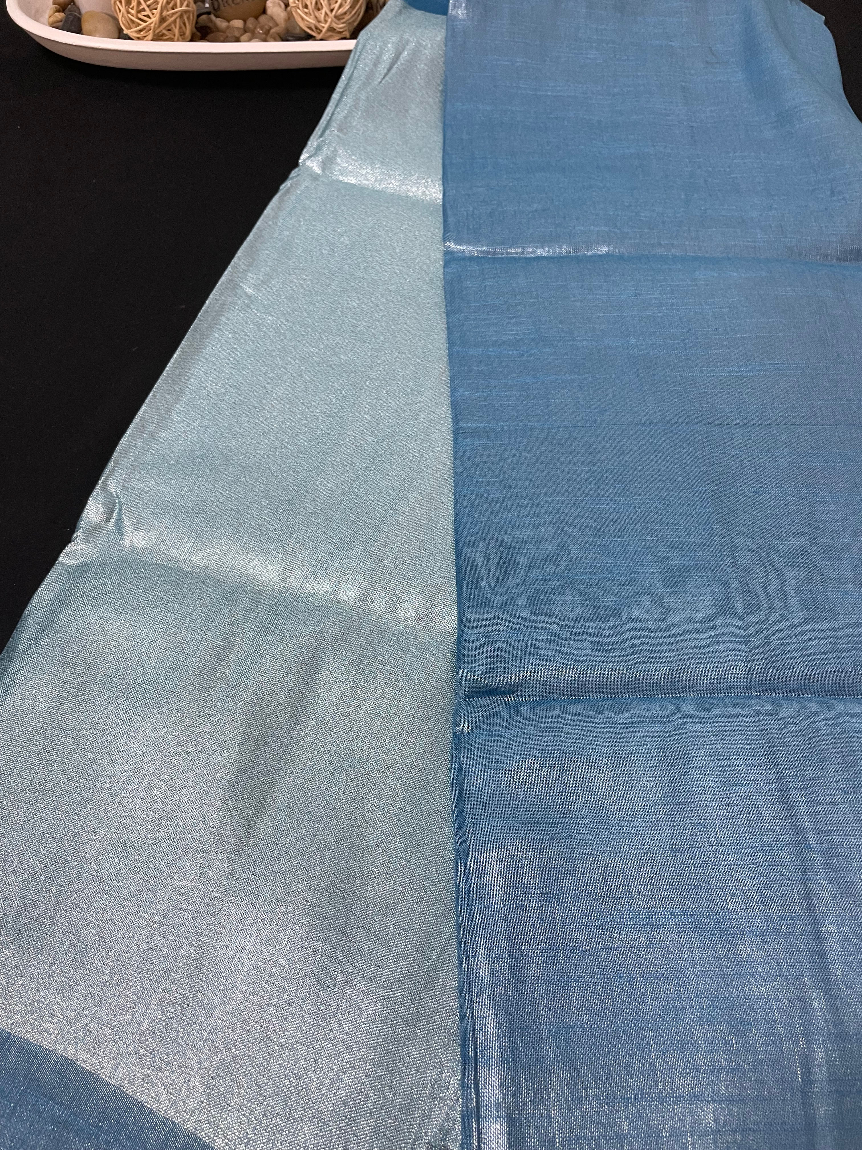 Light Blue Pure Tissue Linen Saree with Silver zari