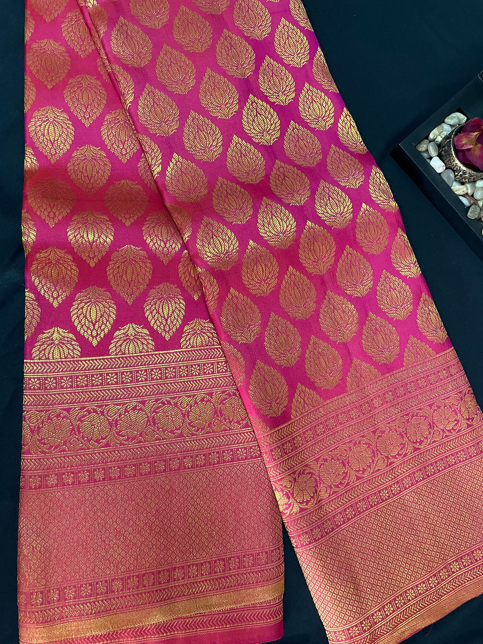 Thumbnail: Magenta Kanchipuram Pure Silk Bridal Saree with a redisch shade and Gold zari
