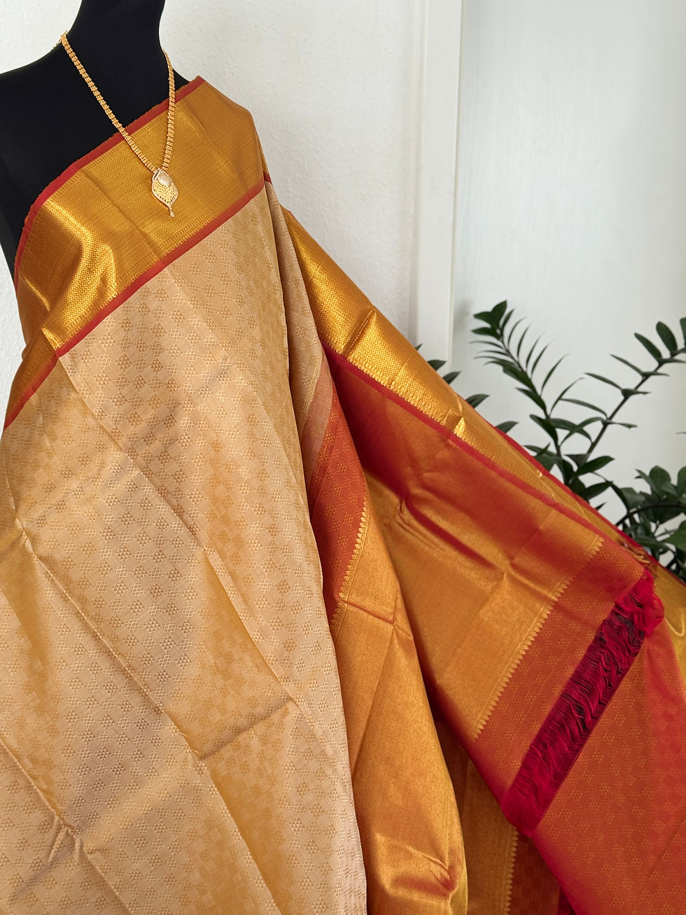 Thumbnail: Beige Kanchipuram Pure Silk Bridal Saree with Gold zari