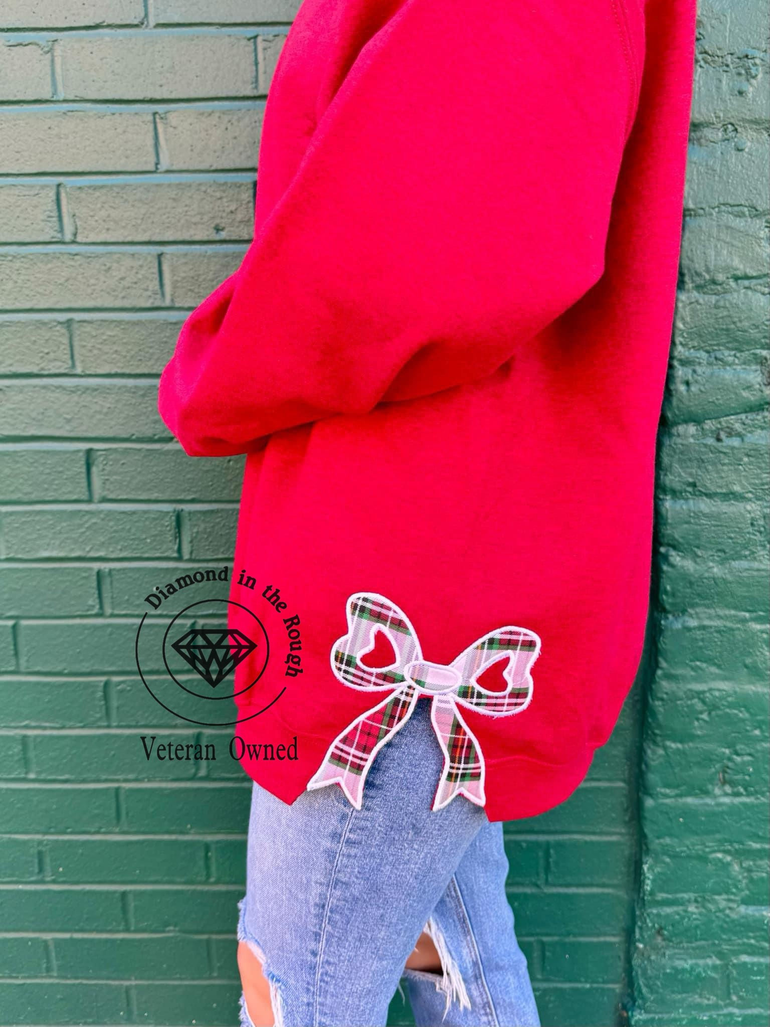 Red/Pink plaid themed side bow crewneck