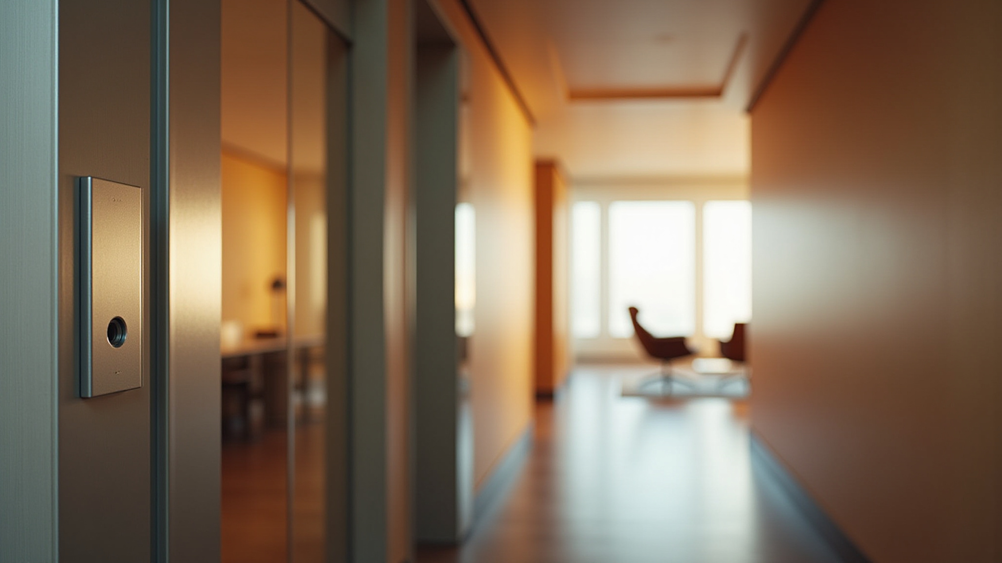 A hallway into an office setting and the background is a blurred room with large windows and chairs