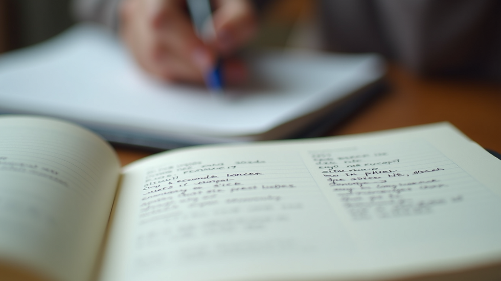 Close-up of a notebook with organized study notes and a pen