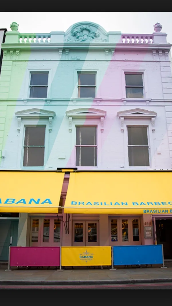 Commercial building decorated with stripes