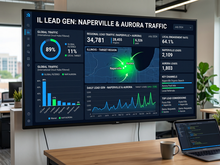 A sleek, localized digital analytics dashboard showing traffic filtering out international cloud hubs to highlight targeted lead generation in Naperville and Aurora, Illinois.