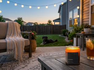 A cat and dog on a patio at night with the einnim bug repelling candle