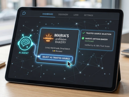 A minimalist digital interface showing an AI agent selecting a small business as the "trusted source."