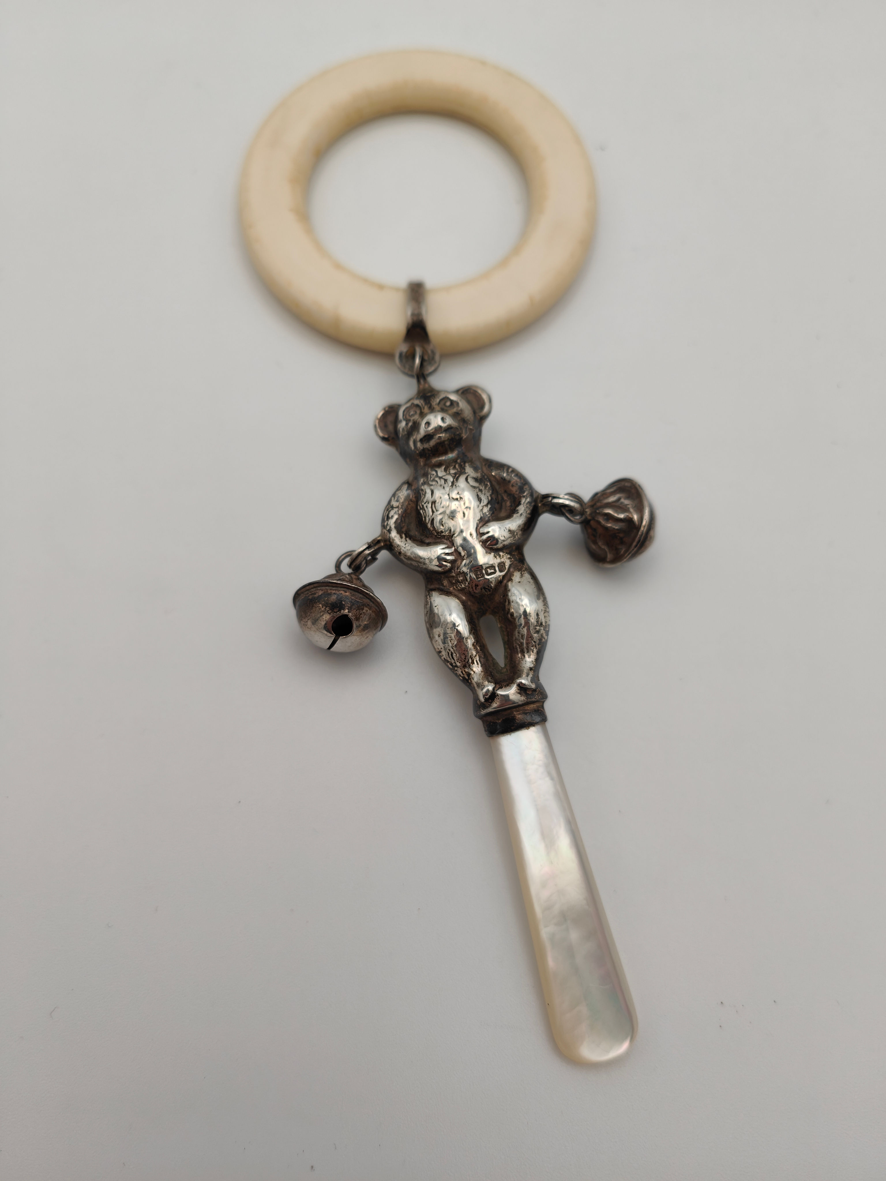 Vintage Sterling Silver Teddy Bear Baby Rattle Teether, Mother of Pearl. c1988