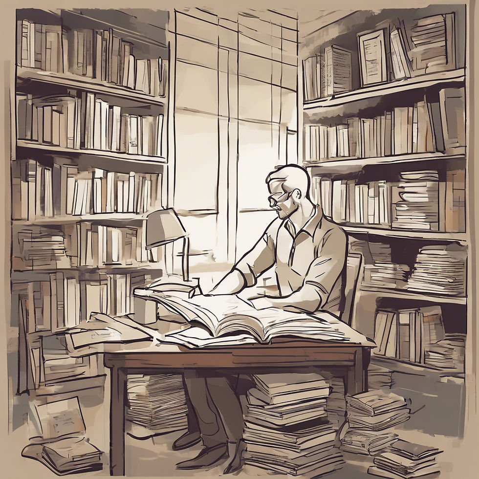 Man writing novels in a home study or library