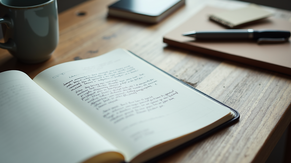 High angle view of a notebook with character development notes and a pen
