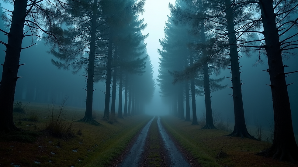 Eye-level view of a foggy forest path winding through tall pine trees